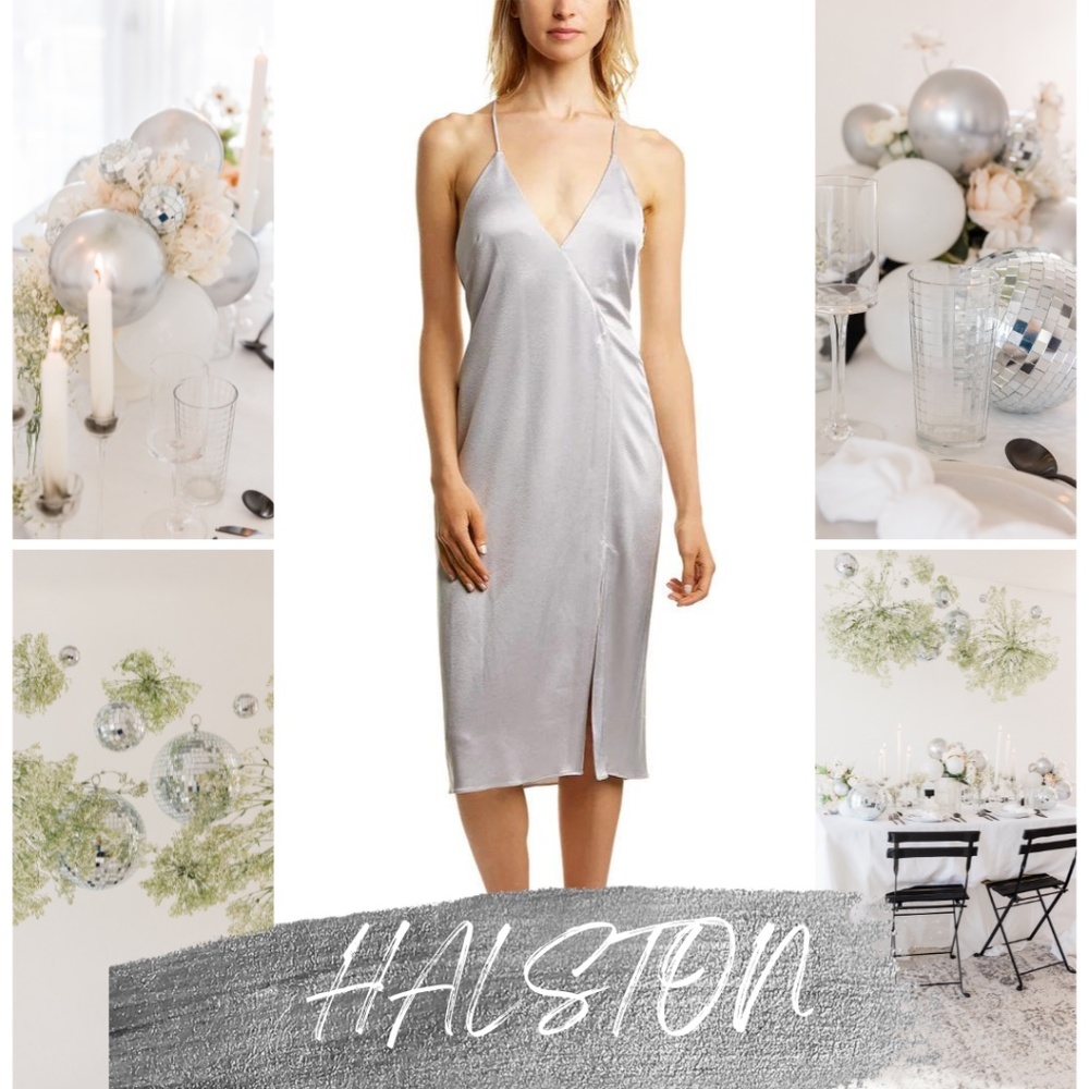 Halston Heritage Designer  Luscious Satin Sleeveless V Neck Cami Slip Dress